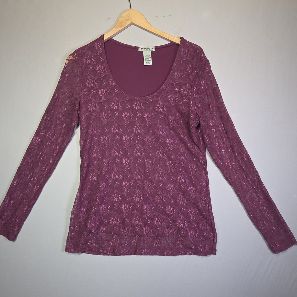 Geneology Fashion DNA Lace Top Women's Large Purple Plum Long Sleeve Stretch Lin